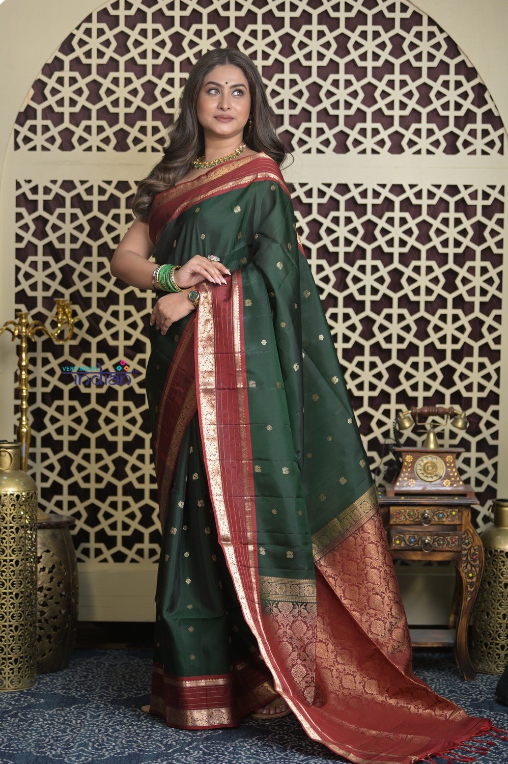 Shubh Lakshmi 2.0 ~ Handloom High Quality Pure Silk Saree in Dark Green and Red (Silk Mark Certified) - verymuchindian.com