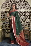 Shubh Lakshmi 2.0 ~ Handloom High Quality Pure Silk Saree in Dark Green and Red (Silk Mark Certified) - verymuchindian.com