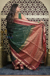 Shubh Lakshmi 2.0 ~ Handloom High Quality Pure Silk Saree in Dark Green and Red (Silk Mark Certified) - verymuchindian.com