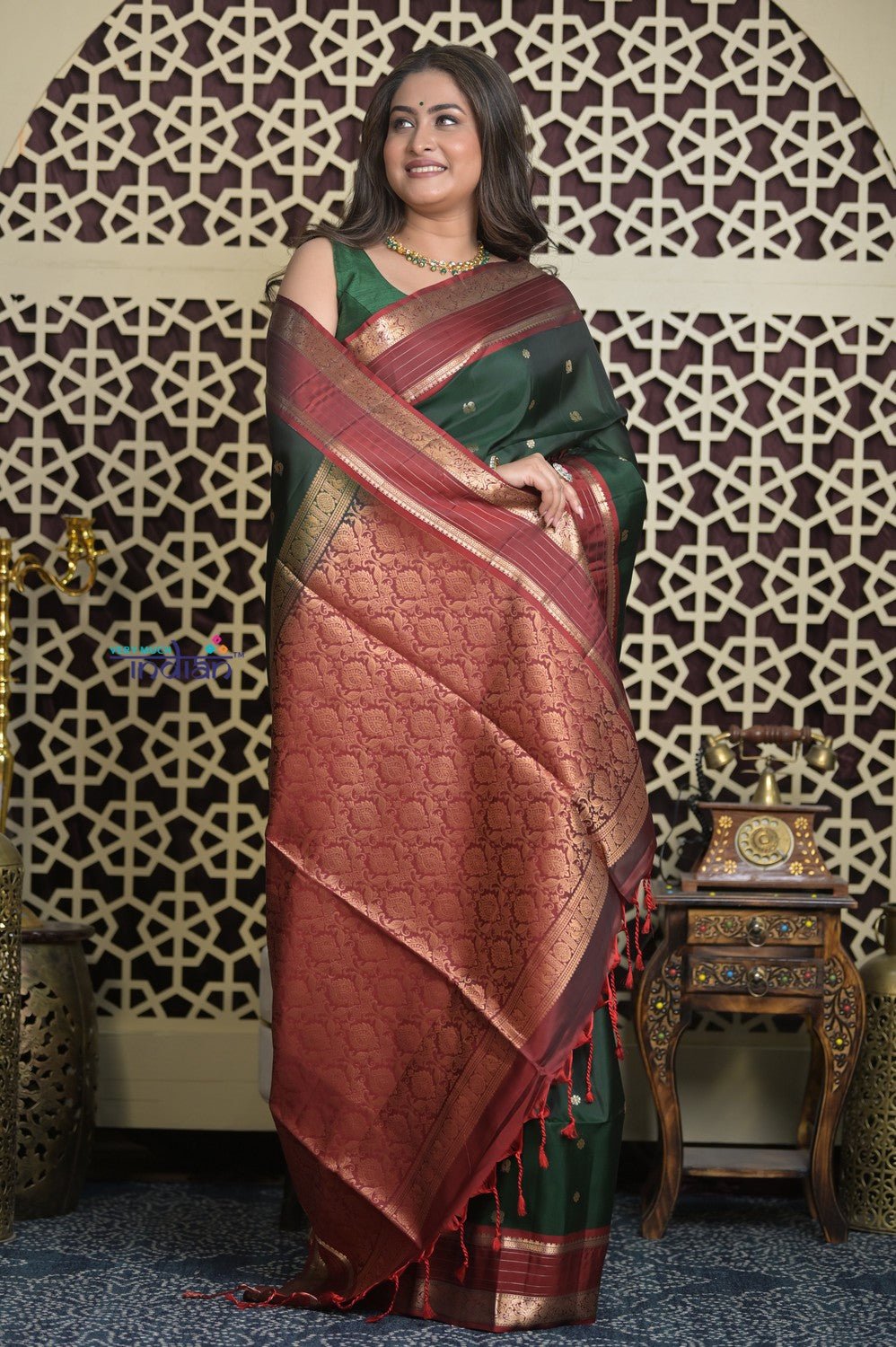 Shubh Lakshmi 2.0 ~ Handloom High Quality Pure Silk Saree in Dark Green and Red (Silk Mark Certified) - verymuchindian.com