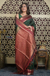 Shubh Lakshmi 2.0 ~ Handloom High Quality Pure Silk Saree in Dark Green and Red (Silk Mark Certified) - verymuchindian.com