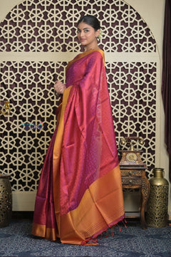Shubh Lakshmi 2.0 ~ Handloom High Quality Pure Silk Saree in Dark Pink and Gold (Silk Mark Certified) - verymuchindian.com