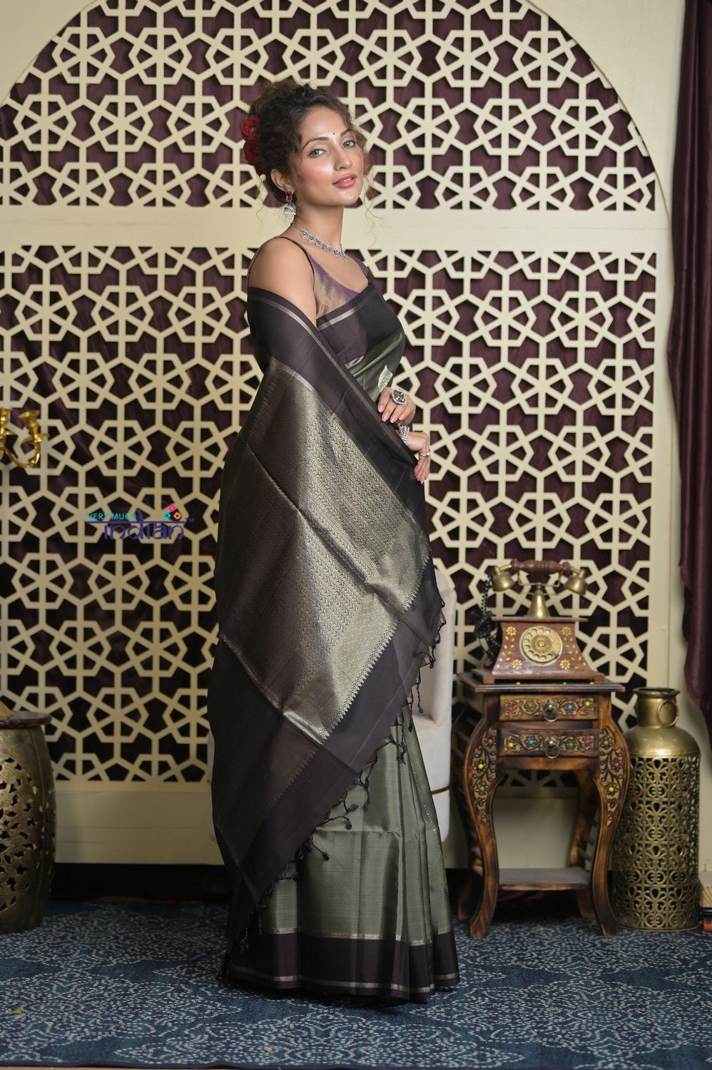 Shubh Lakshmi 2.0 ~ Handloom High Quality Pure Silk Saree in Grey Taupe and Gold (Silk Mark Certified) - verymuchindian.com