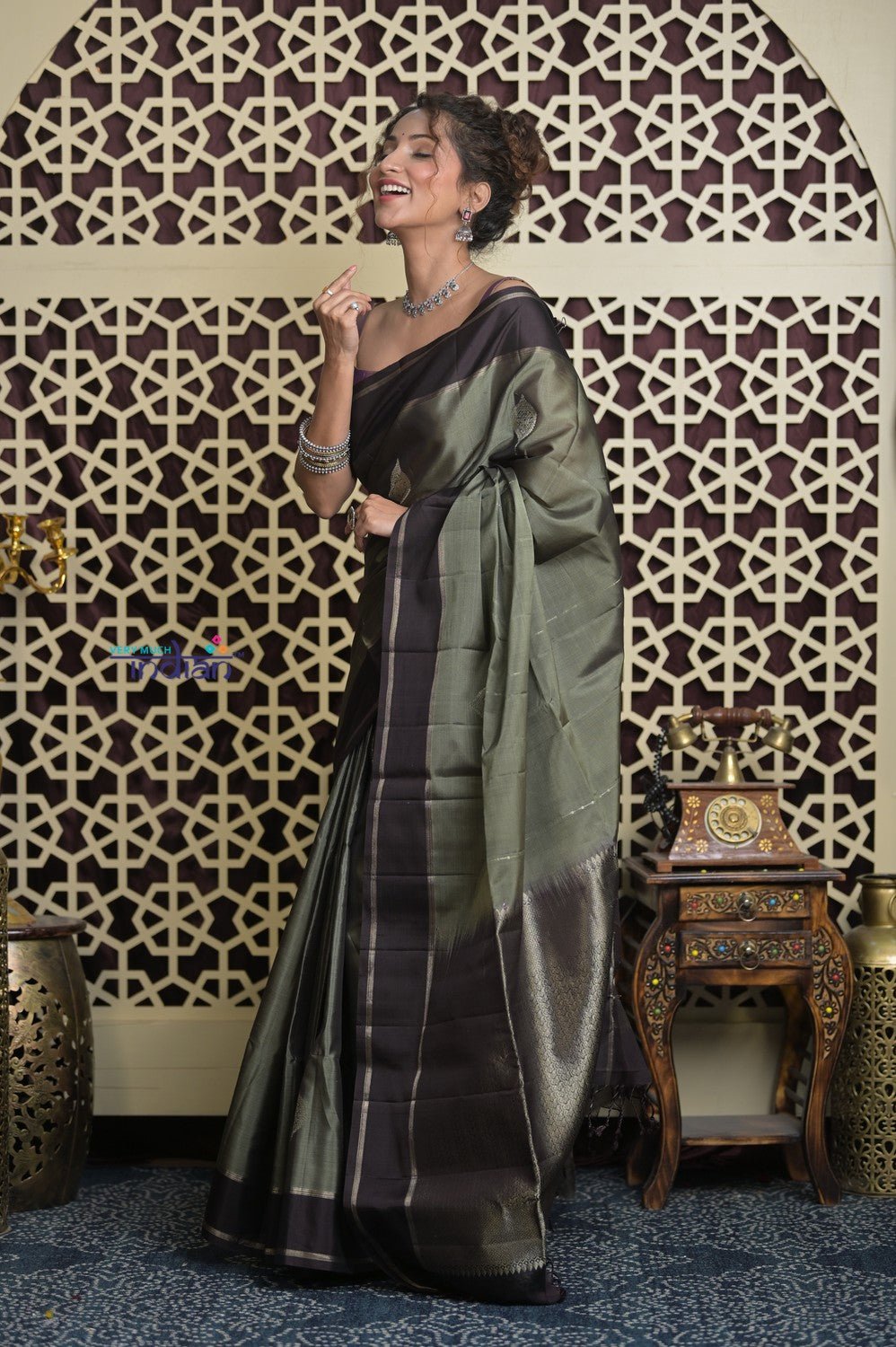 Shubh Lakshmi 2.0 ~ Handloom High Quality Pure Silk Saree in Grey Taupe and Gold (Silk Mark Certified) - verymuchindian.com