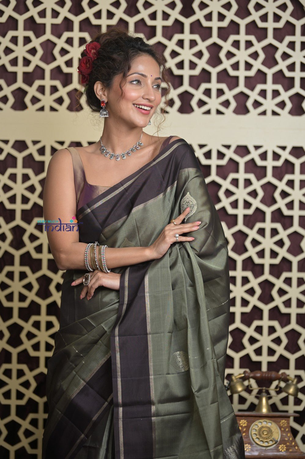 Shubh Lakshmi 2.0 ~ Handloom High Quality Pure Silk Saree in Grey Taupe and Gold (Silk Mark Certified) - verymuchindian.com