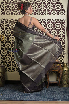 Shubh Lakshmi 2.0 ~ Handloom High Quality Pure Silk Saree in Grey Taupe and Gold (Silk Mark Certified) - verymuchindian.com