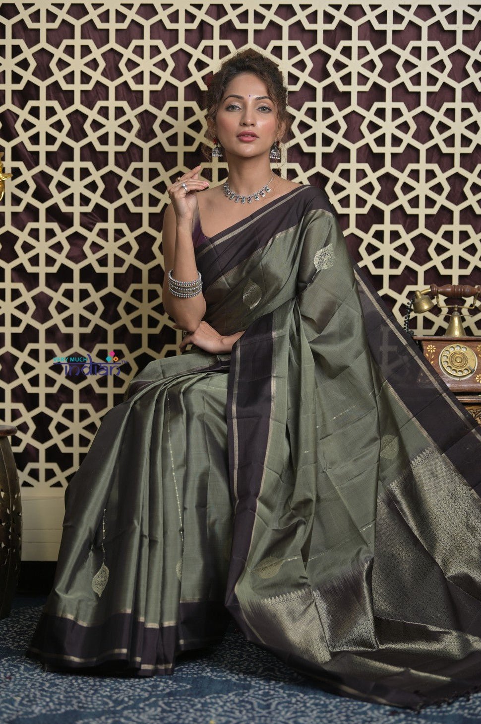 Shubh Lakshmi 2.0 ~ Handloom High Quality Pure Silk Saree in Grey Taupe and Gold (Silk Mark Certified) - verymuchindian.com