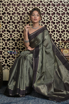 Shubh Lakshmi 2.0 ~ Handloom High Quality Pure Silk Saree in Grey Taupe and Gold (Silk Mark Certified) - verymuchindian.com