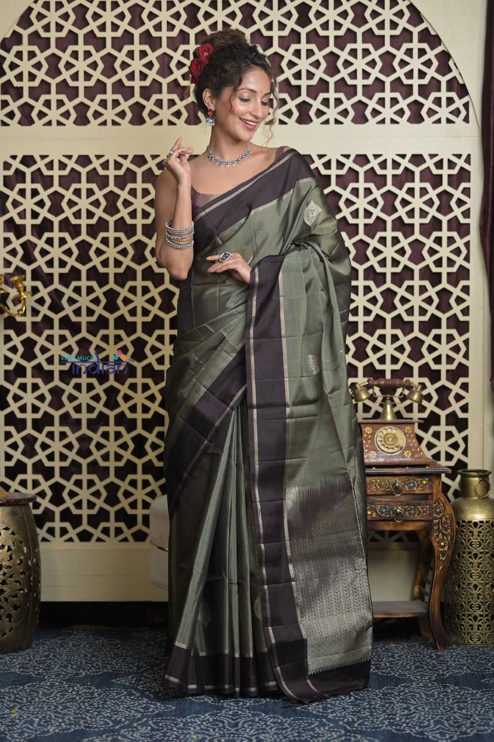 Shubh Lakshmi 2.0 ~ Handloom High Quality Pure Silk Saree in Grey Taupe and Gold (Silk Mark Certified) - verymuchindian.com