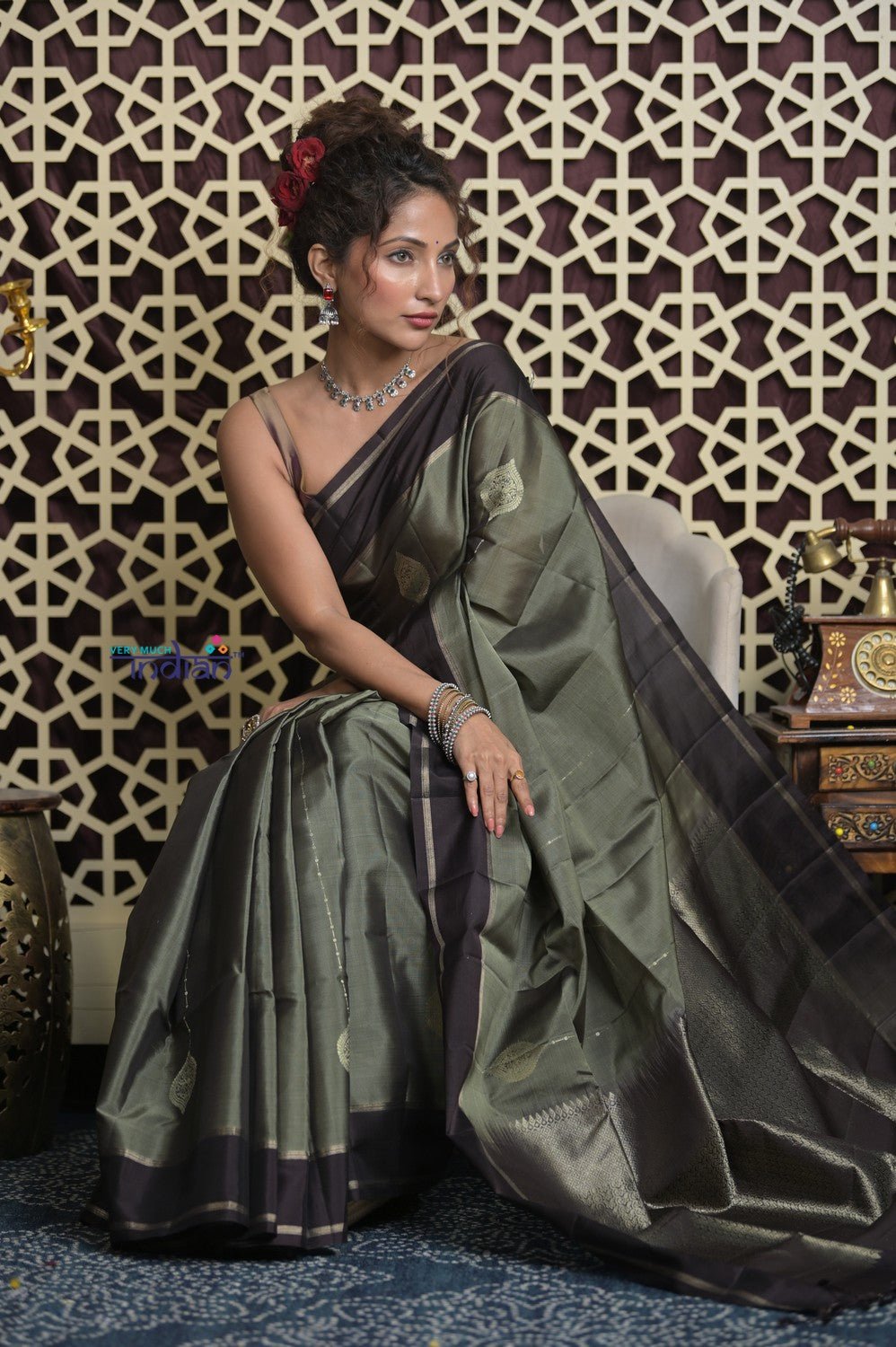 Shubh Lakshmi 2.0 ~ Handloom High Quality Pure Silk Saree in Grey Taupe and Gold (Silk Mark Certified) - verymuchindian.com