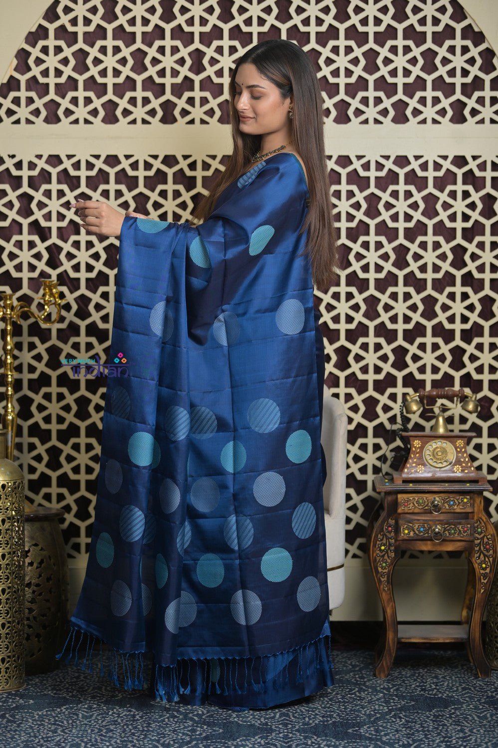 Shubh Lakshmi 2.0 ~ Handloom High Quality Pure Silk Saree in Marine Blue (Silk Mark Certified) - verymuchindian.com