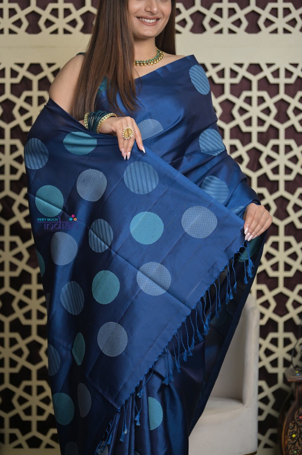 Shubh Lakshmi 2.0 ~ Handloom High Quality Pure Silk Saree in Marine Blue (Silk Mark Certified) - verymuchindian.com
