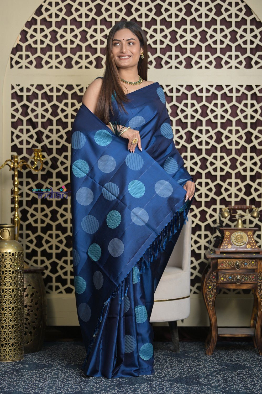 Shubh Lakshmi 2.0 ~ Handloom High Quality Pure Silk Saree in Marine Blue (Silk Mark Certified) - verymuchindian.com