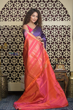 Shubh Lakshmi 2.0 ~ Handloom High Quality Pure Silk Saree in Purple Orange (Silk Mark Certified) - verymuchindian.com