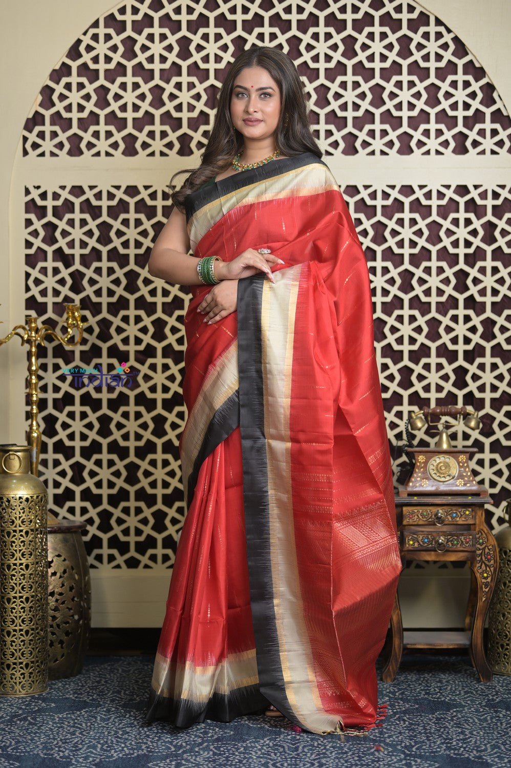 Shubh Lakshmi 2.0 ~ Handloom High Quality Pure Silk Saree in Red and Black (Silk Mark Certified) - verymuchindian.com