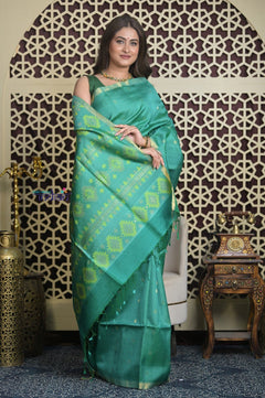 Shubh Lakshmi 2.0 ~ Handloom High Quality Pure Silk Saree in Sea Green (Silk Mark Certified) - verymuchindian.com