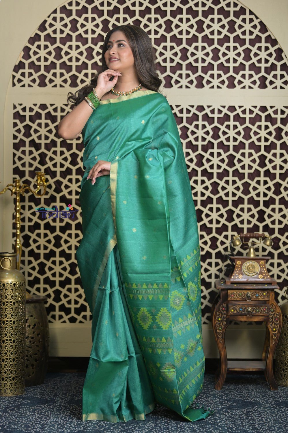 Shubh Lakshmi 2.0 ~ Handloom High Quality Pure Silk Saree in Sea Green (Silk Mark Certified) - verymuchindian.com