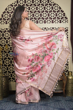 Shubh Lakshmi 2.0 ~ Handloom High Quality Pure Silk Saree with Digital Print in Blush Pink (Silk Mark Certified) - verymuchindian.com