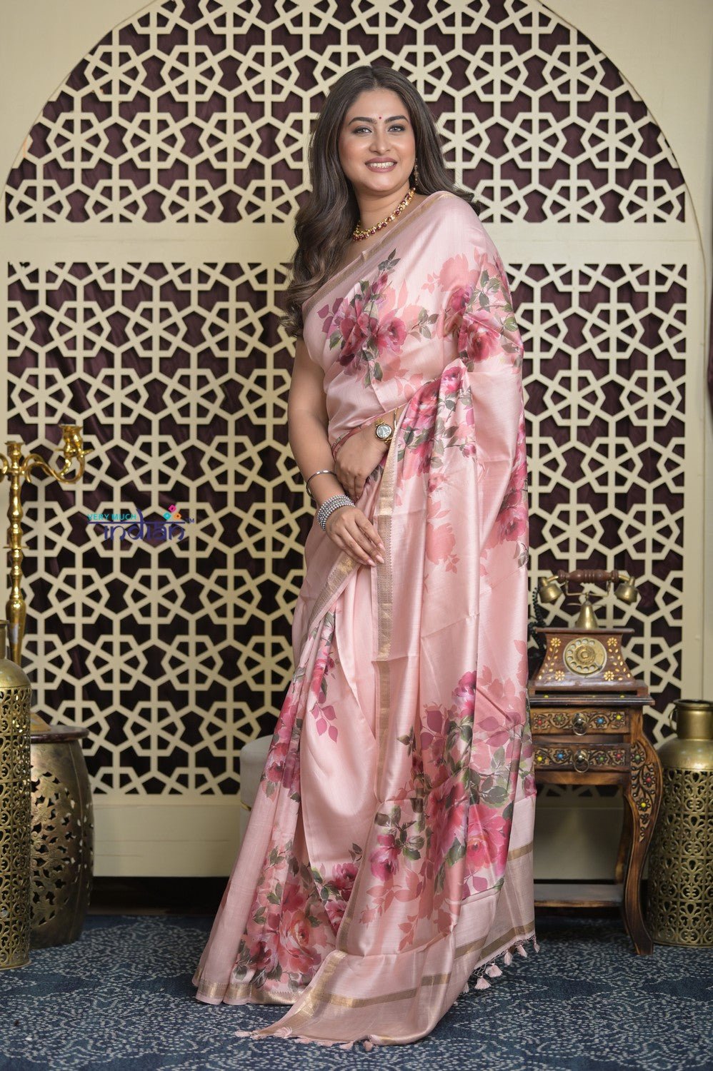 Shubh Lakshmi 2.0 ~ Handloom High Quality Pure Silk Saree with Digital Print in Blush Pink (Silk Mark Certified) - verymuchindian.com