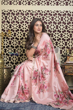 Shubh Lakshmi 2.0 ~ Handloom High Quality Pure Silk Saree with Digital Print in Blush Pink (Silk Mark Certified) - verymuchindian.com
