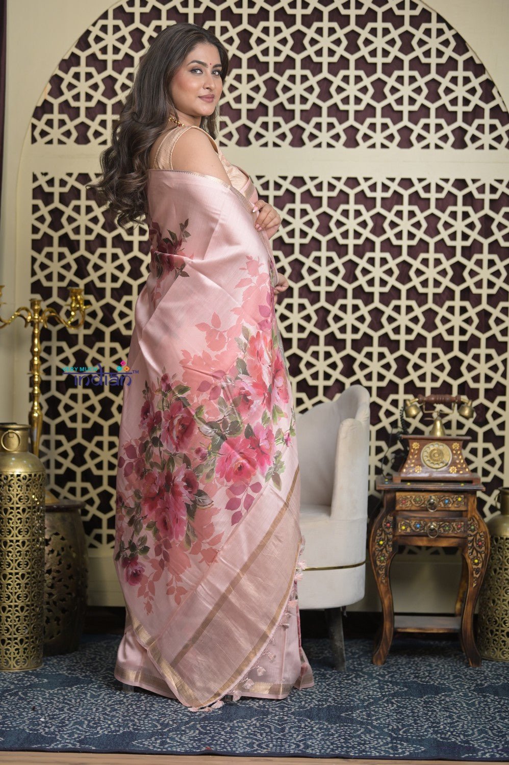 Shubh Lakshmi 2.0 ~ Handloom High Quality Pure Silk Saree with Digital Print in Blush Pink (Silk Mark Certified) - verymuchindian.com
