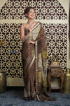 Shubh Lakshmi 2.0 ~ Handloom High Quality Pure Silk Saree with Digital Print in Dark Brown - verymuchindian.com