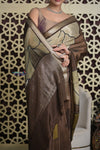 Shubh Lakshmi 2.0 ~ Handloom High Quality Pure Silk Saree with Digital Print in Dark Brown - verymuchindian.com