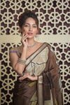 Shubh Lakshmi 2.0 ~ Handloom High Quality Pure Silk Saree with Digital Print in Dark Brown - verymuchindian.com