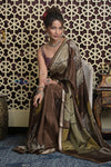 Shubh Lakshmi 2.0 ~ Handloom High Quality Pure Silk Saree with Digital Print in Dark Brown - verymuchindian.com