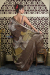 Shubh Lakshmi 2.0 ~ Handloom High Quality Pure Silk Saree with Digital Print in Dark Brown - verymuchindian.com