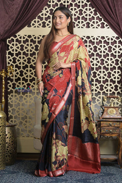 Shubh Lakshmi 2.0 ~ Handloom High Quality Pure Silk Saree with Digital Print in Red and Blue - verymuchindian.com