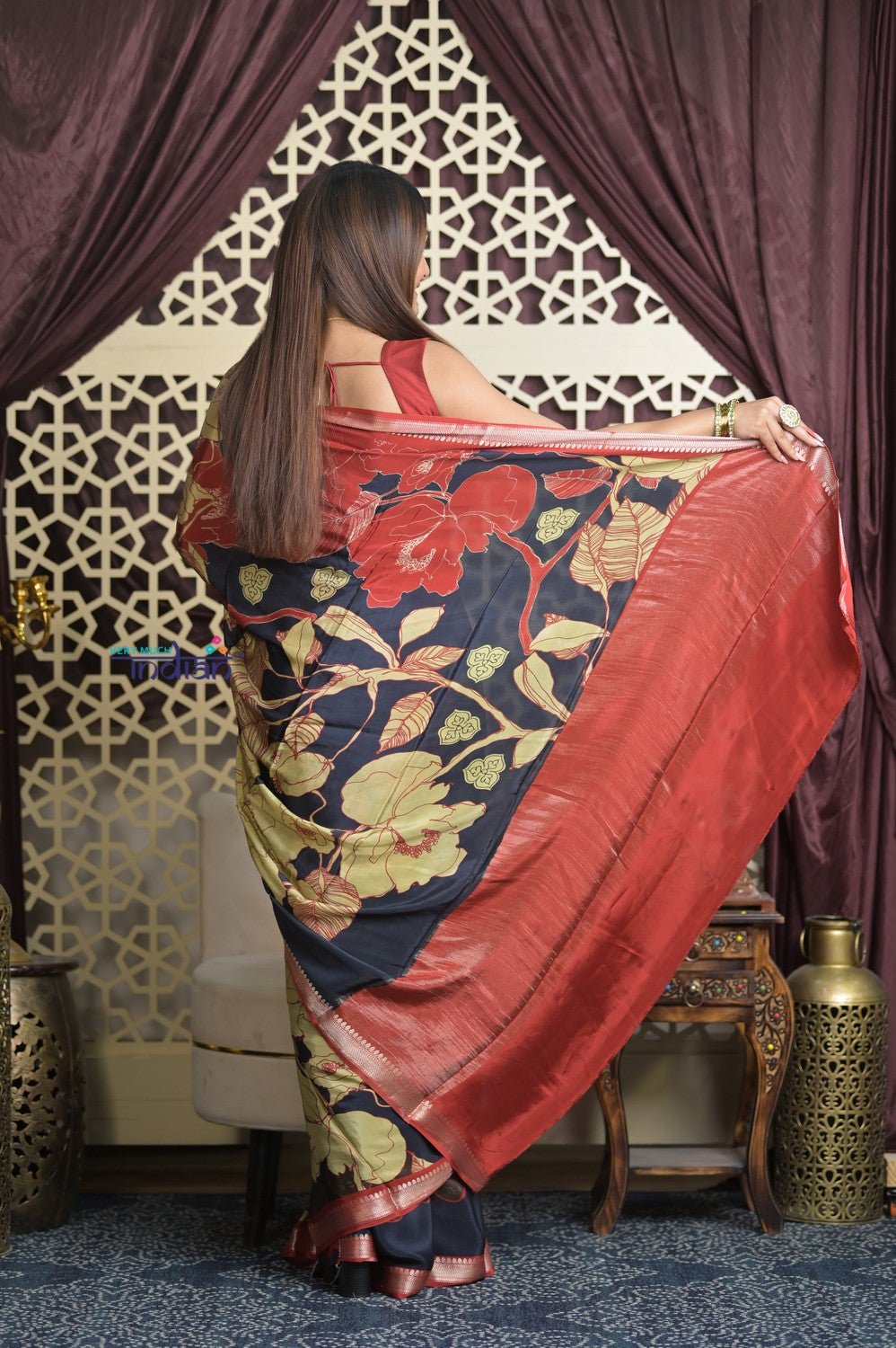 Shubh Lakshmi 2.0 ~ Handloom High Quality Pure Silk Saree with Digital Print in Red and Blue - verymuchindian.com
