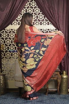 Shubh Lakshmi 2.0 ~ Handloom High Quality Pure Silk Saree with Digital Print in Red and Blue - verymuchindian.com