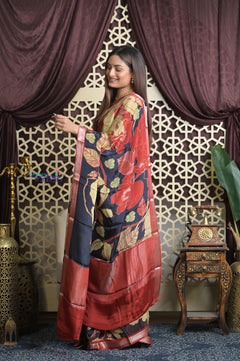 Shubh Lakshmi 2.0 ~ Handloom High Quality Pure Silk Saree with Digital Print in Red and Blue - verymuchindian.com