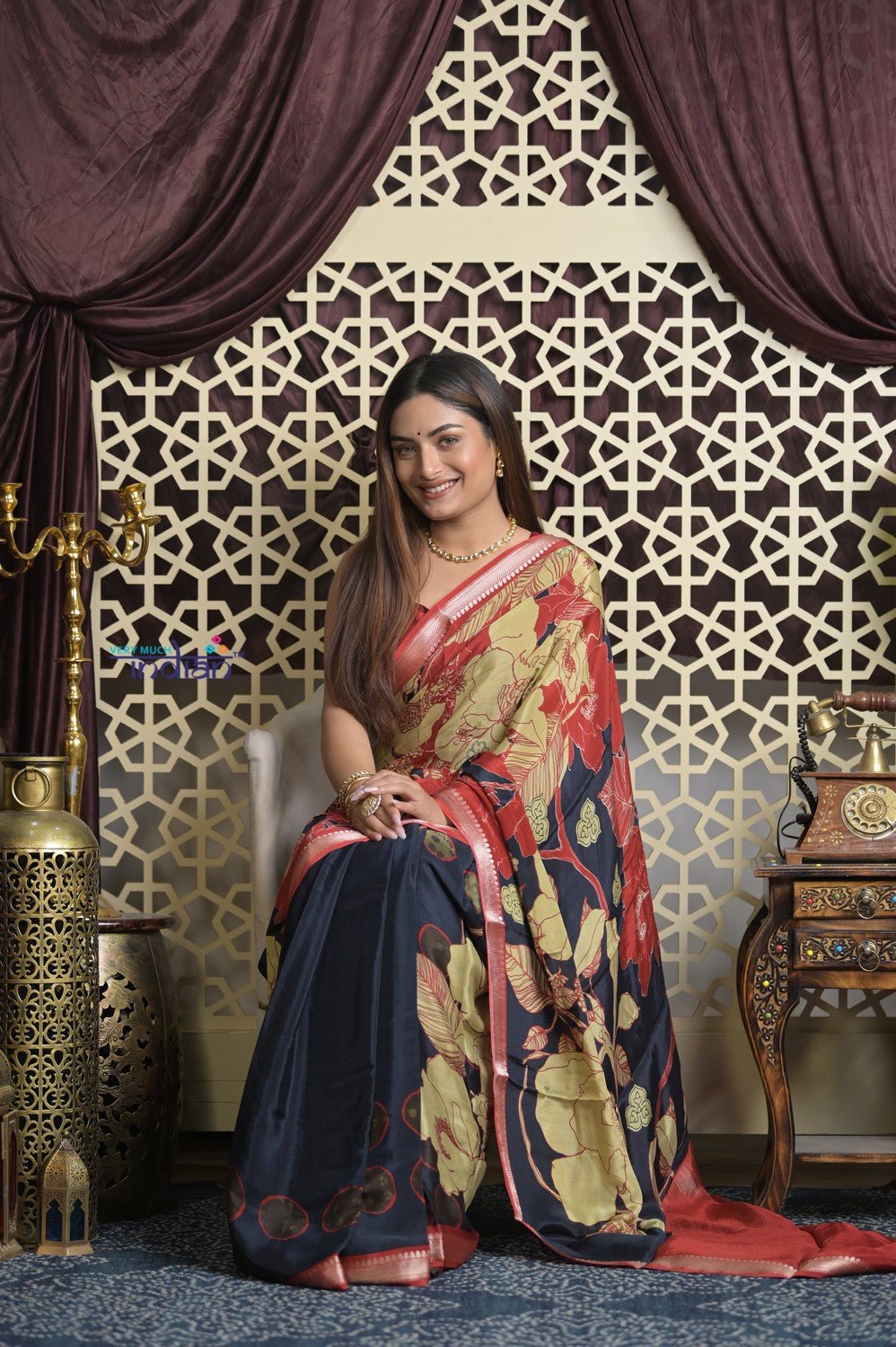 Shubh Lakshmi 2.0 ~ Handloom High Quality Pure Silk Saree with Digital Print in Red and Blue - verymuchindian.com