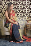 Shubh Lakshmi 2.0 ~ Handloom High Quality Pure Silk Saree with Digital Print in Red and Blue - verymuchindian.com