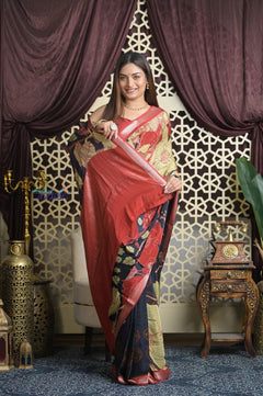 Shubh Lakshmi 2.0 ~ Handloom High Quality Pure Silk Saree with Digital Print in Red and Blue - verymuchindian.com