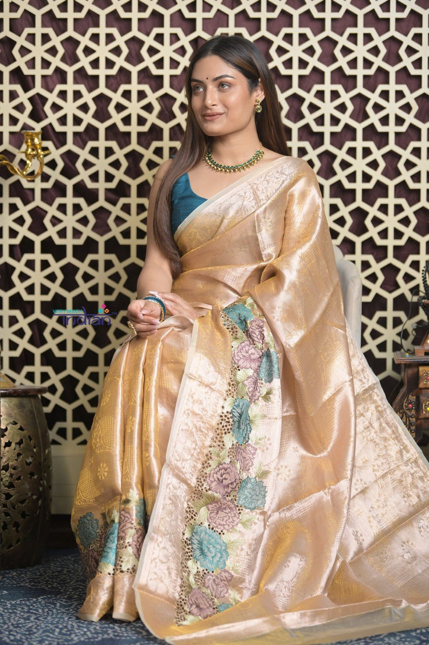 Shubh Lakshmi 2.0 ~ Handloom High Quality Pure Silk Tissue Saree in Champagne Gold (Silk Mark Certified) - verymuchindian.com
