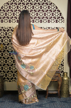 Shubh Lakshmi 2.0 ~ Handloom High Quality Pure Silk Tissue Saree in Champagne Gold (Silk Mark Certified) - verymuchindian.com