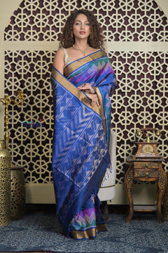 Shubh Lakshmi 2.0 ~ Handloom High Quality Pure Soft Silk Patola Saree in Delight Blue - verymuchindian.com