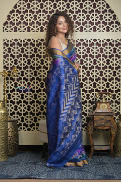Shubh Lakshmi 2.0 ~ Handloom High Quality Pure Soft Silk Patola Saree in Delight Blue - verymuchindian.com