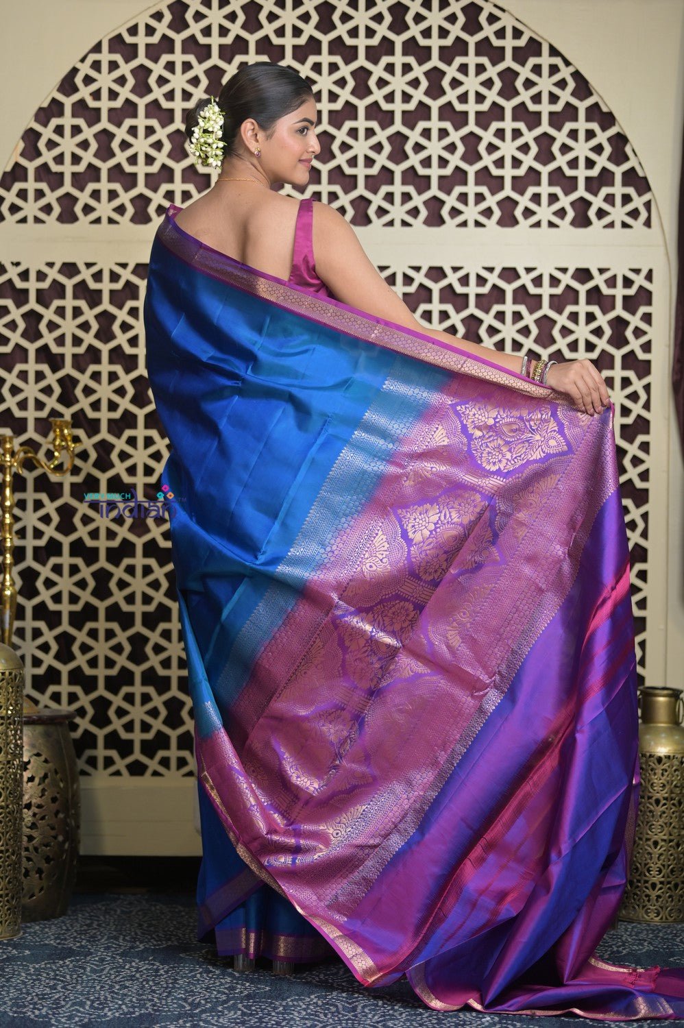 Shubh Lakshmi 2.0 ~ Handloom High Quality Pure Soft Silk Saree in Azure Blue and Purple (Silk Mark Certified) - verymuchindian.com