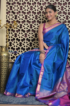 Shubh Lakshmi 2.0 ~ Handloom High Quality Pure Soft Silk Saree in Azure Blue and Purple (Silk Mark Certified) - verymuchindian.com