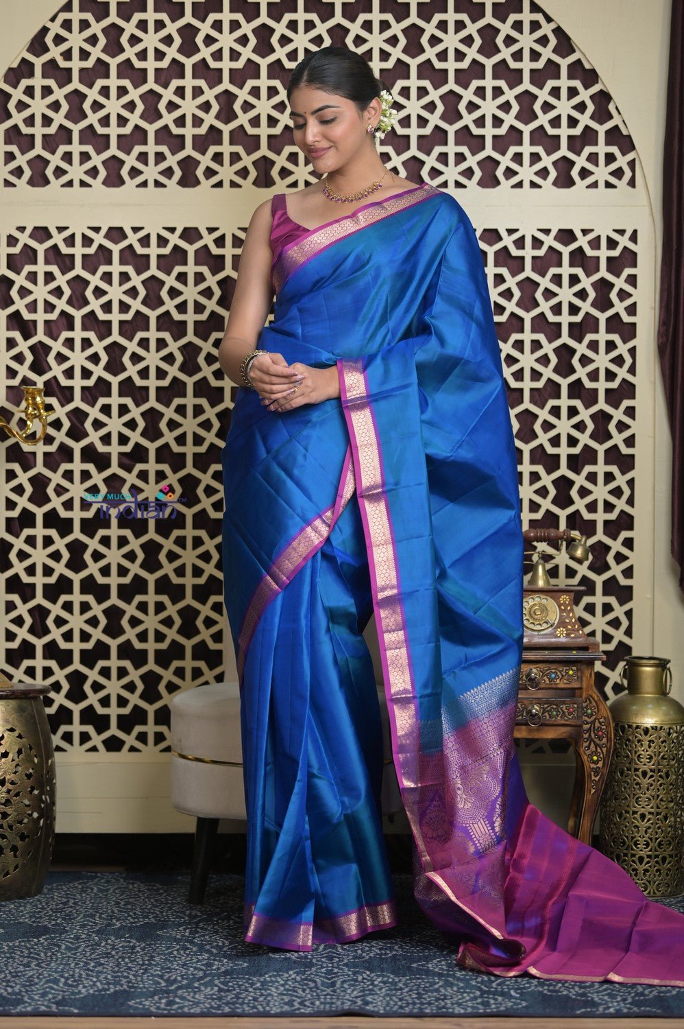 Shubh Lakshmi 2.0 ~ Handloom High Quality Pure Soft Silk Saree in Azure Blue and Purple (Silk Mark Certified) - verymuchindian.com