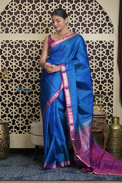 Shubh Lakshmi 2.0 ~ Handloom High Quality Pure Soft Silk Saree in Azure Blue and Purple (Silk Mark Certified) - verymuchindian.com