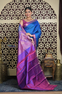 Shubh Lakshmi 2.0 ~ Handloom High Quality Pure Soft Silk Saree in Azure Blue and Purple (Silk Mark Certified) - verymuchindian.com
