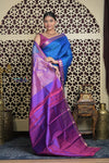 Shubh Lakshmi 2.0 ~ Handloom High Quality Pure Soft Silk Saree in Azure Blue and Purple (Silk Mark Certified) - verymuchindian.com