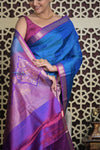 Shubh Lakshmi 2.0 ~ Handloom High Quality Pure Soft Silk Saree in Azure Blue and Purple (Silk Mark Certified) - verymuchindian.com