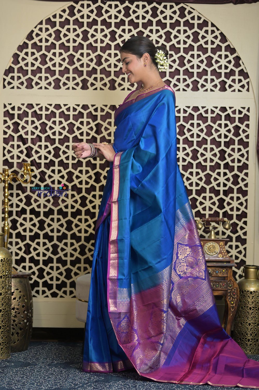Shubh Lakshmi 2.0 ~ Handloom High Quality Pure Soft Silk Saree in Azure Blue and Purple (Silk Mark Certified) - verymuchindian.com