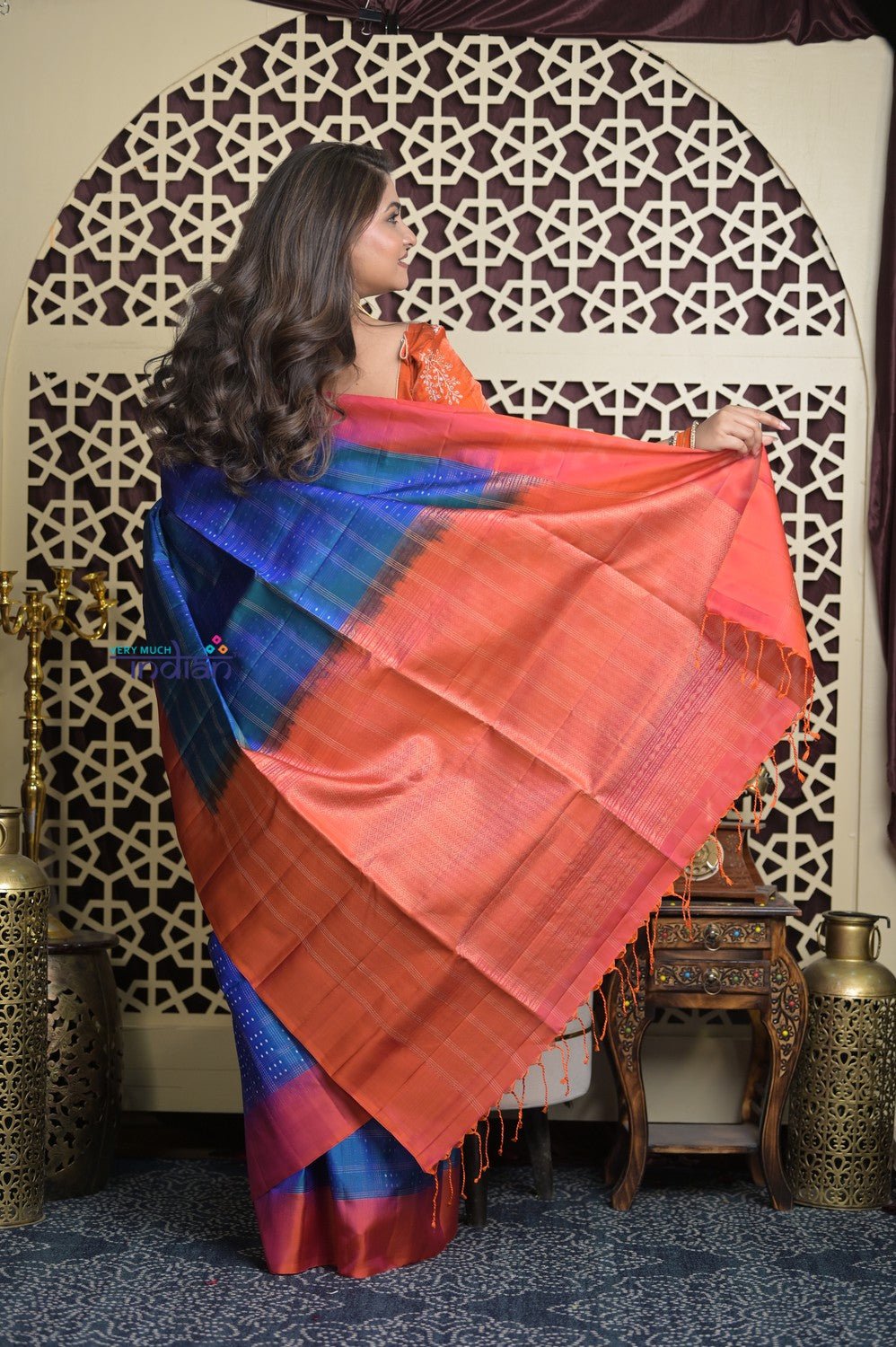 Shubh Lakshmi 2.0 ~ Handloom High Quality Pure Soft Silk Saree in Azure Blue and Red (Silk Mark Certified) - verymuchindian.com
